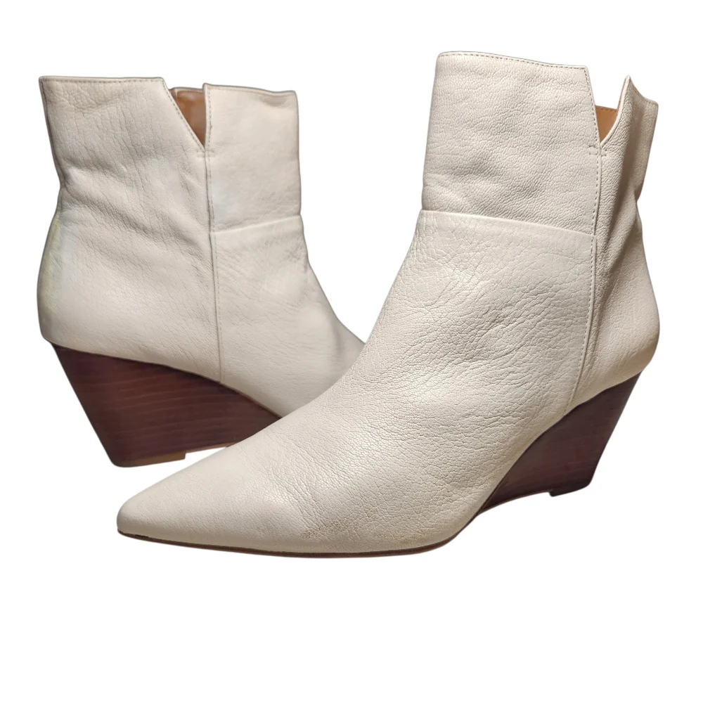FRANCO SARTO Amsterdam Ivory Leather Ankle Wedge Booties Mod White Luxury‎ 8.5